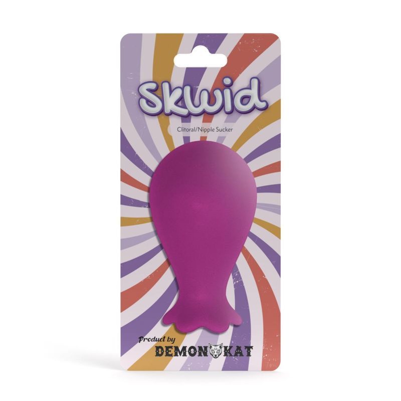Skwid hand-held clitoral and nipple suction toy packaged for easy use and instant gratification.