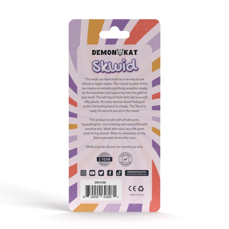 Skwid multi-use hand-held clitoral and nipple suction toy packaging design with colorful graphics.