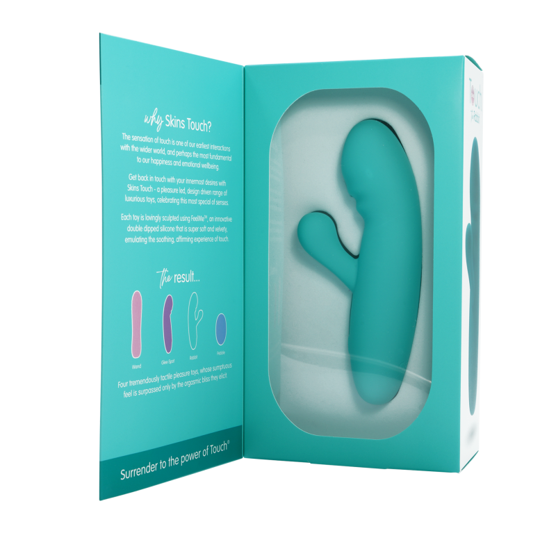 Skins Touch luxurious touch vibrator rabbit in packaging, showcasing the design and focus on pleasure.