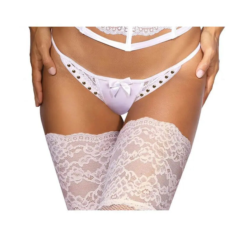 Microfiber and Lace G-String with Studs White Axami Lingerie Discreet Intimate Essentials.