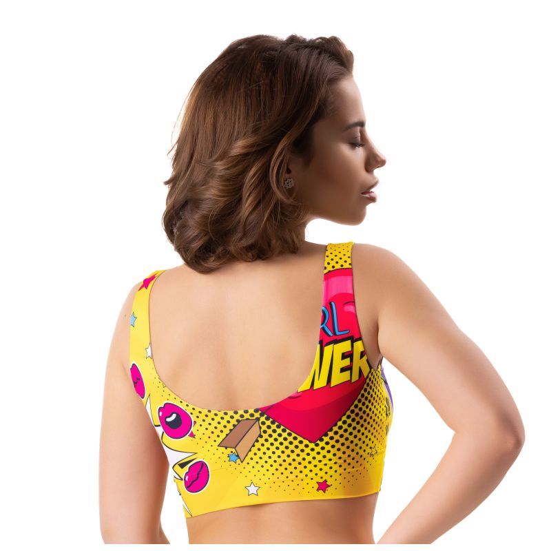 Back view of a woman wearing the Comics Insta Crop Top lingerie with a vibrant design, showcasing comfort and style.