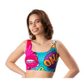 Model wearing Comics Oh Crop Top showcasing a vibrant design, emphasizing the comfortable crop top features.