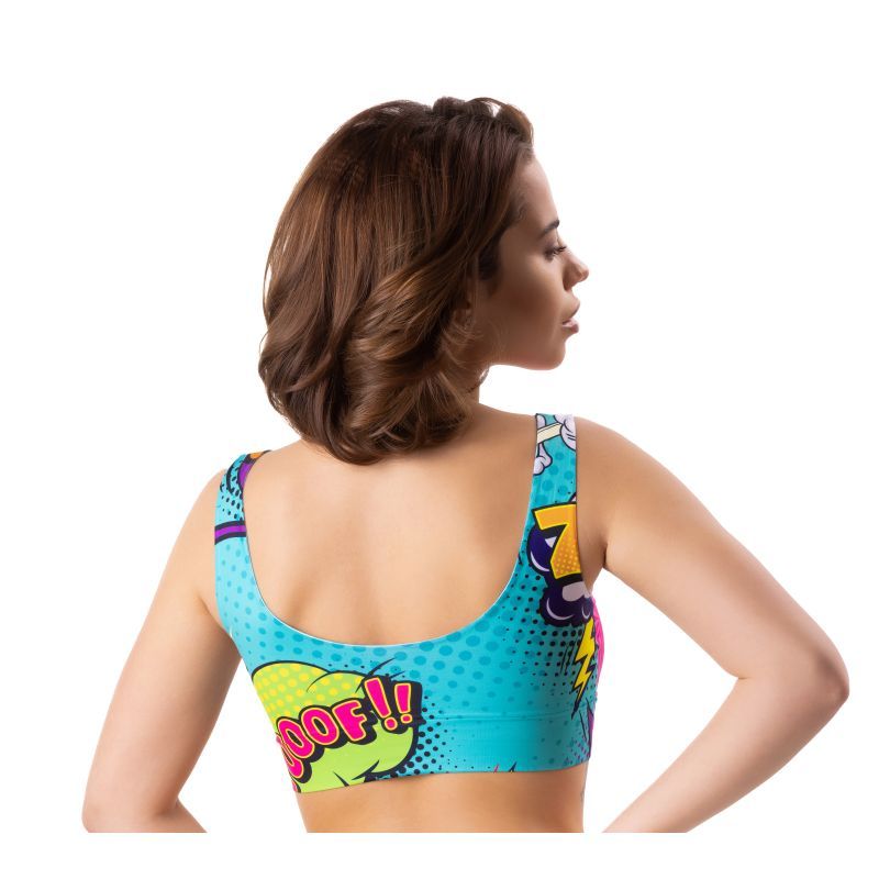 Rear view of the Comics Oh Crop Top, showcasing a colorful design and comfortable fit for women.