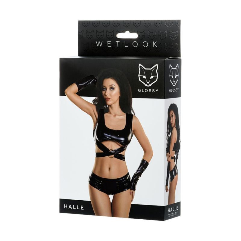 Glossy Wetlook 3 Pc Set Halle packaging showcasing a shiny wetlook outfit set featuring top, gloves, and mini-shorts.