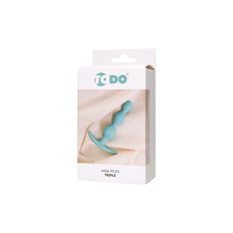 ToDo Triple Anal Plug ideal for beginners, showcasing teal silicone design in packaging, featuring a pointed tip for comfort.