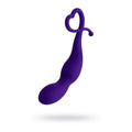 Curved silicone anal plug in violet color with heart loop for easy removal and extra stimulation.