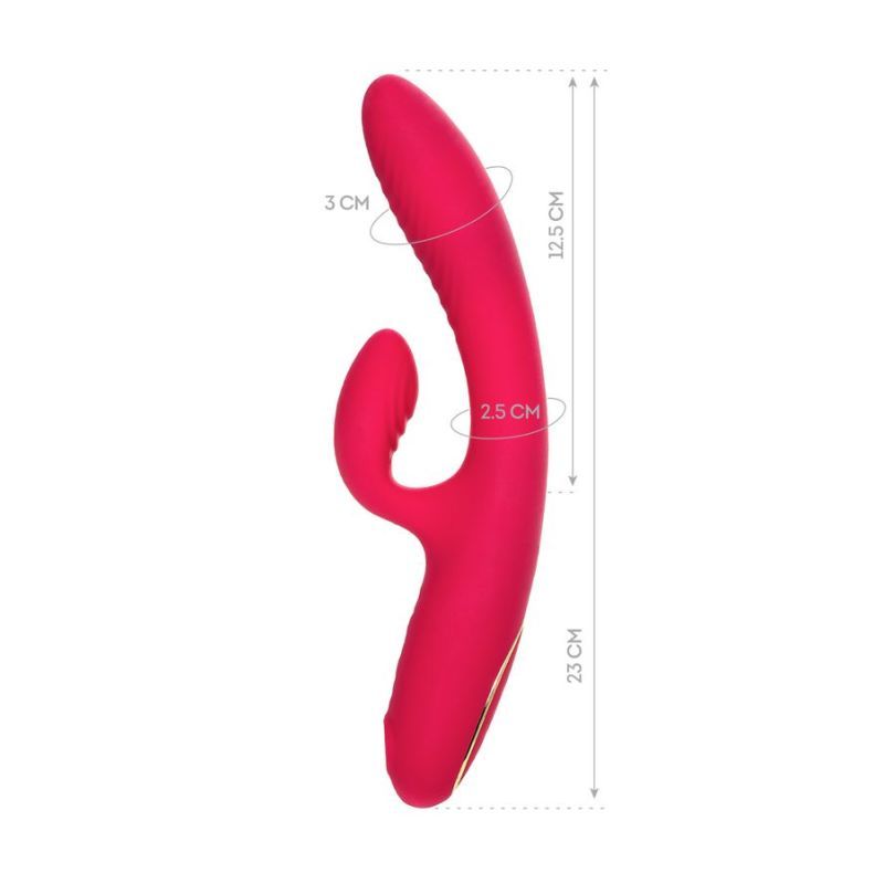 JOS Enila Dual Ended Stimulator, pink dual ended vibrator for G-Spot and clitoral stimulation with dimensions.