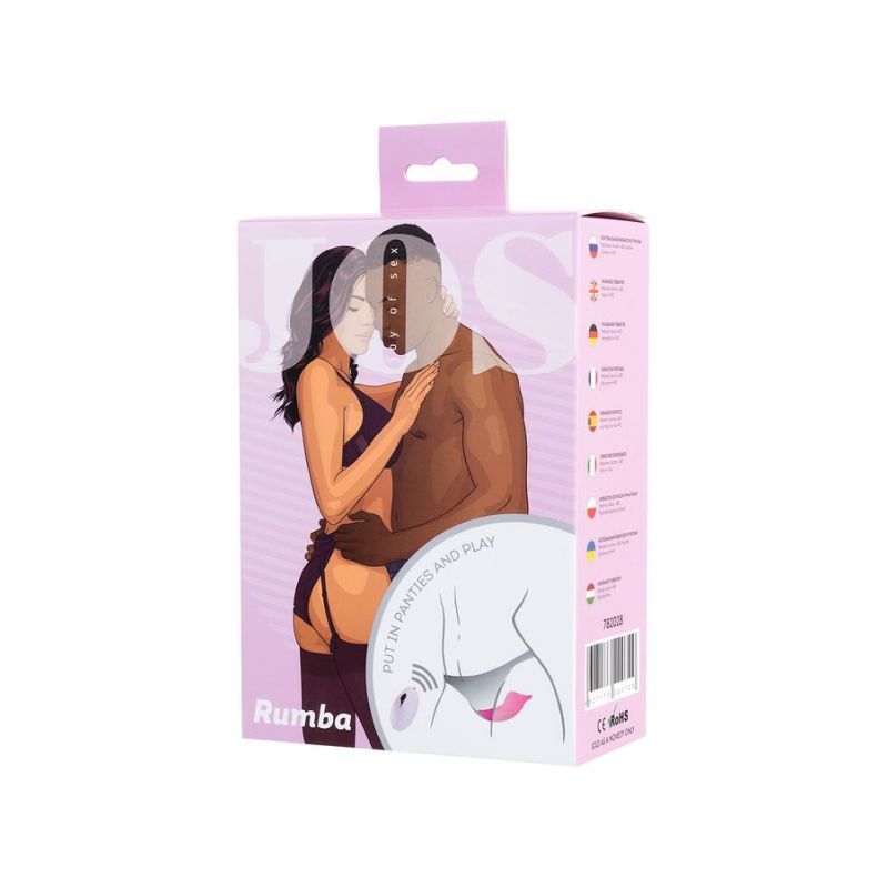JOS Rumba Wearable Vibrator packaging featuring a couple, highlighting intimate essentials and sensual play.