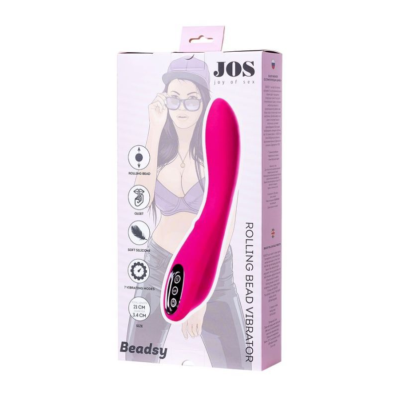 JOS Beadsy rolling bead vibrator packaging showcasing its hot pink color and features such as USB rechargeable and waterproof.