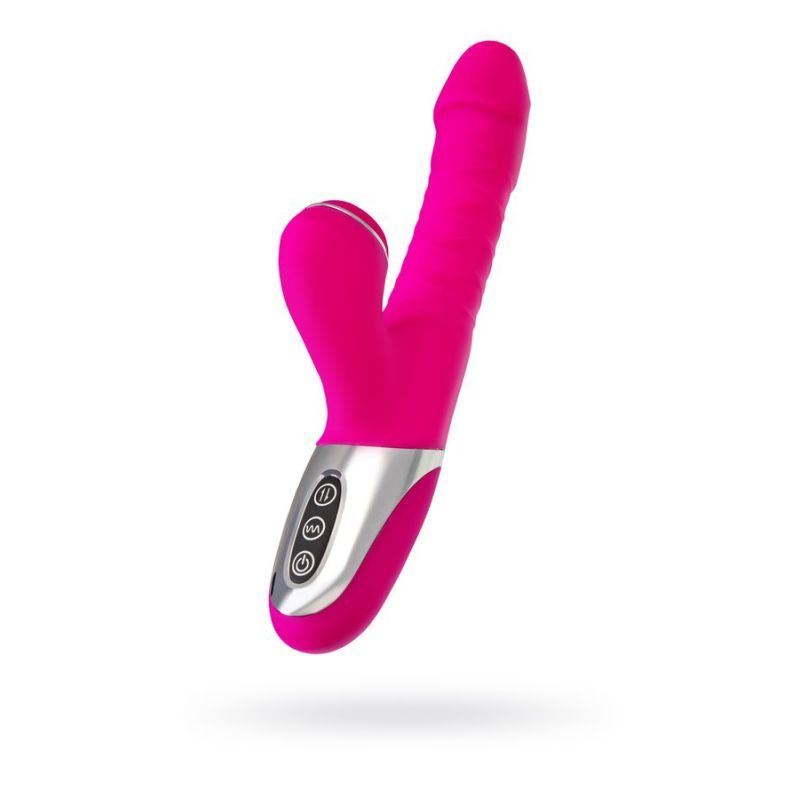 JOS To-Frolly thrusting and sucking vibrator in vibrant pink with silver accents and multiple settings.