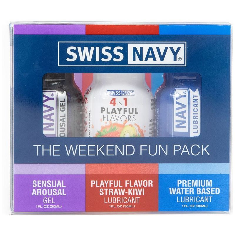 Swiss Navy weekend fun pack featuring Sensual Arousal Gel, Playful Flavours Strawberry-Kiwi, and Premium Anal Lubricant.