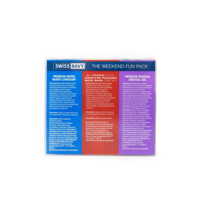 Swiss Navy weekend fun pack packaging showcasing Premium Lubricant, Playful Flavours, and Sensual Arousal Gel.