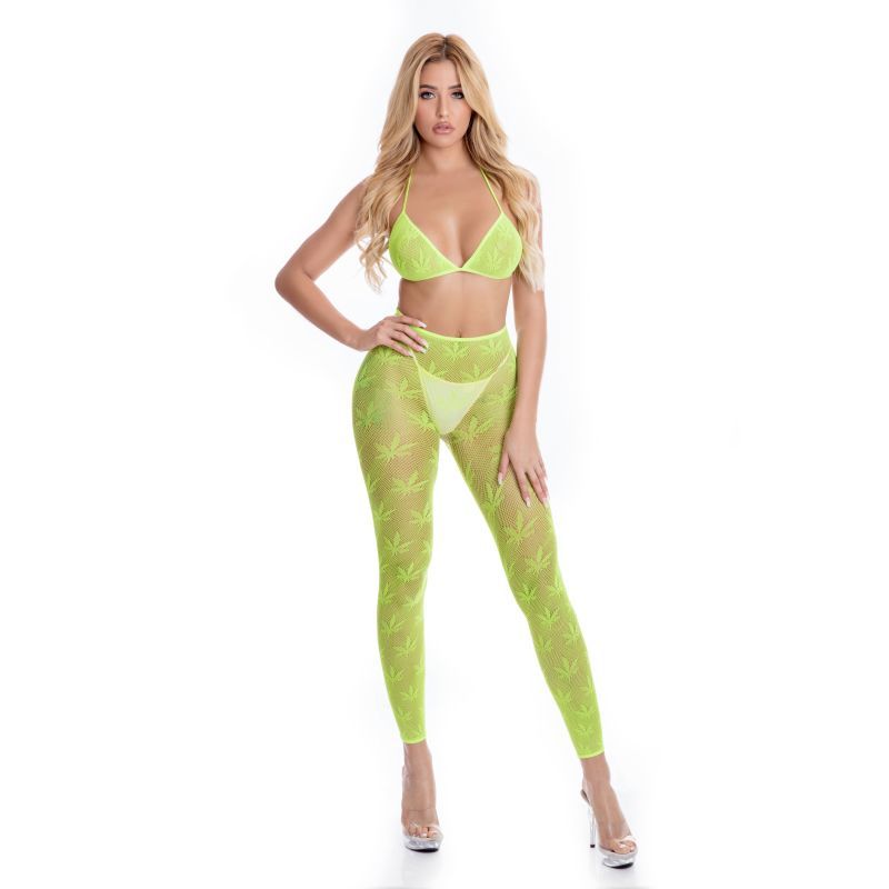 All About Leaf Bra Set Green lingerie featuring leaf design lingerie set with sheer net material and unique pot leaf design.