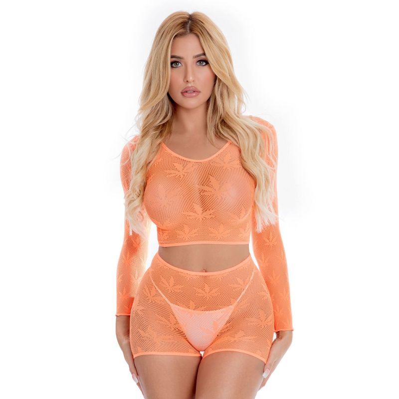 sheer leaf print short set worn by a model, featuring long sleeves and shorts in vibrant orange color.