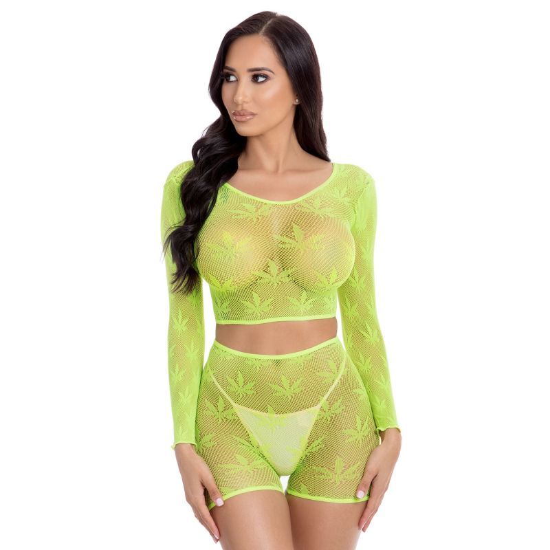 Sheer leaf print short set featuring a long-sleeved crop top and shorts in a vibrant green color.