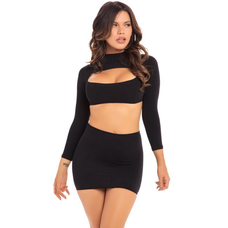 Model wearing Stop and Stare 2 Pc Skirt Set Black, showcasing a stylish black skirt set.