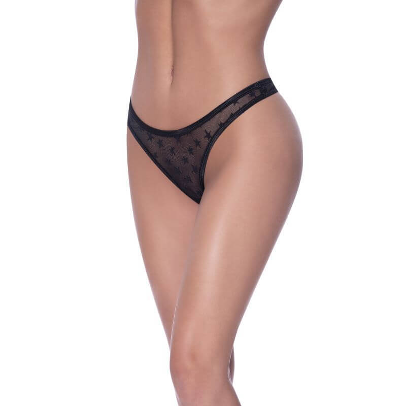 High waist star thong in black with star details and a high leg cut, designed for comfort and style.