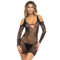 Sexy model wearing a risqué netted dress with embroidered sayings on sleeves and detailed netting design.