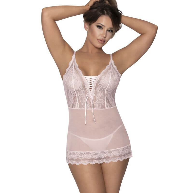 Lace Chemise and G-String Blush - flowy chemise with lace trim, adjustable straps, and matching g-string from Exposed by Magic Silk.