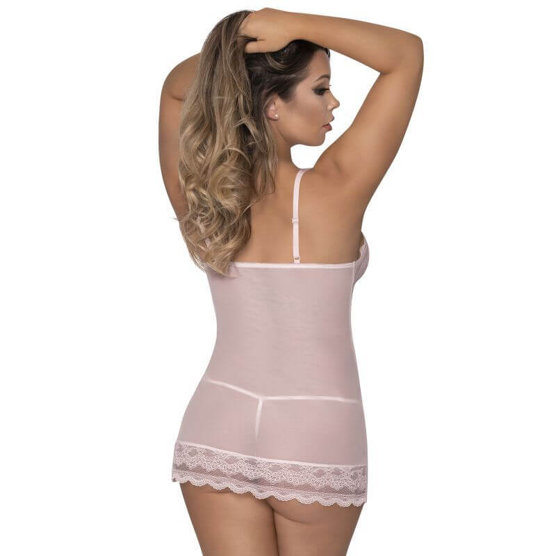 Lace Chemise and G-String Blush, showcasing delicate lace trim and adjustable straps, perfect intimate essentials for her.
