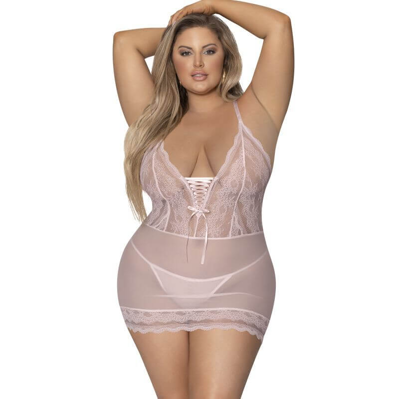 Lace chemise and g-string set in blush with lace trim and adjustable straps from Exposed by Magic Silk.
