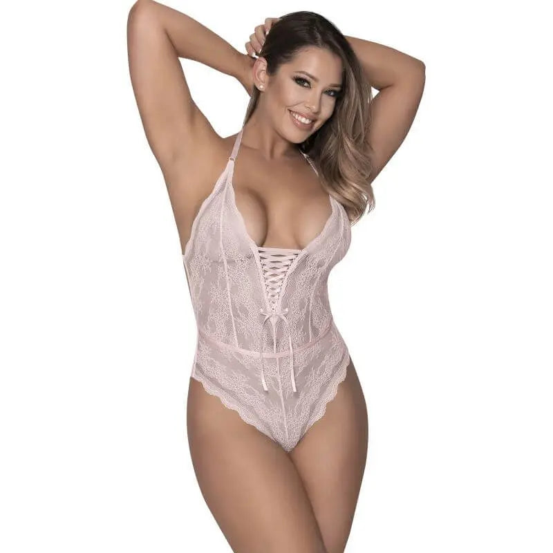 Mesh and Lace Teddy Blush Exposed Lingerie Discreet Intimate Essentials.