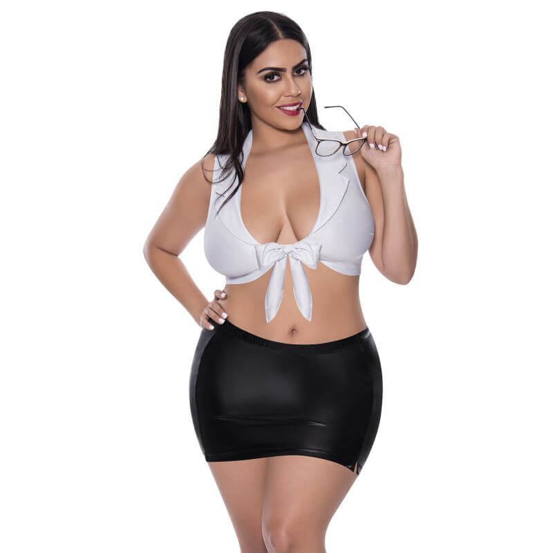 Sexy CEO Costume showcasing a white halter top and black wet look skirt, perfect for intimate essentials for her.