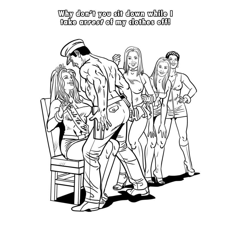 Bachelorette Party Colouring Book illustration featuring a humorous party scene with a cop and women enjoying a night out.