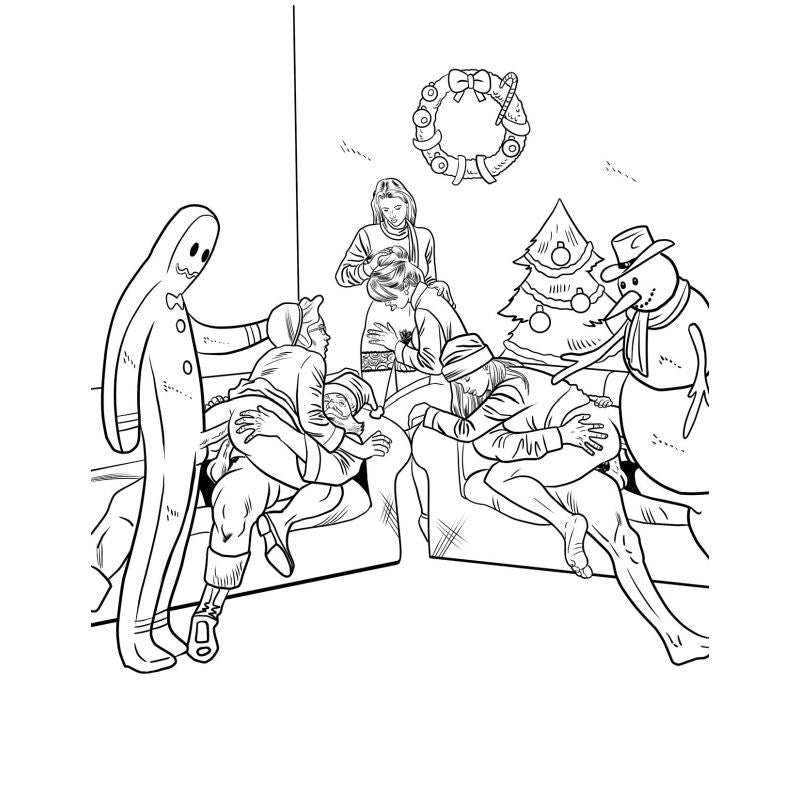 The Dirtiest Christmas Colouring Book Ever festive image featuring holiday characters in humorous naughty scenario.