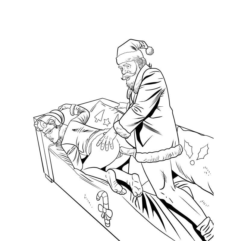 The Dirtiest Christmas Colouring Book Ever illustration featuring a humorous adult-themed Christmas scene.