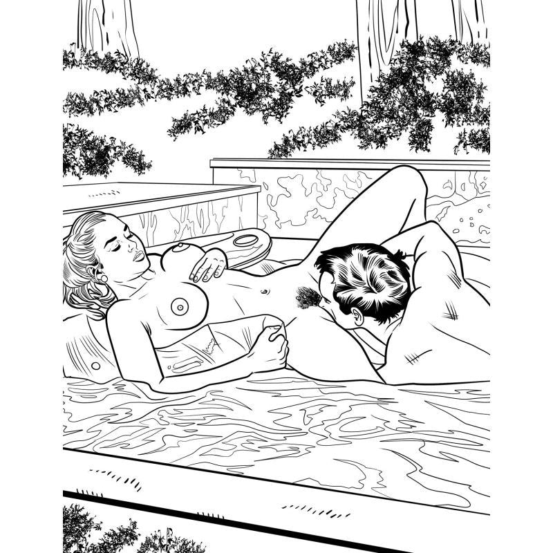 Illustration from the Oral Sex Colouring Book, featuring a couple enjoying intimate moments in a hot tub.