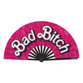 Barbie-inspired folding fan with a glittery pink design featuring the words 'Bad Bitch' in bold letters.