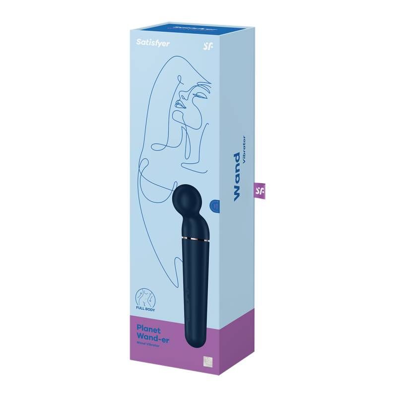 Satisfyer Planet Wand-er vibrator packaging showing elegant design and rounded tip for sensual massages.