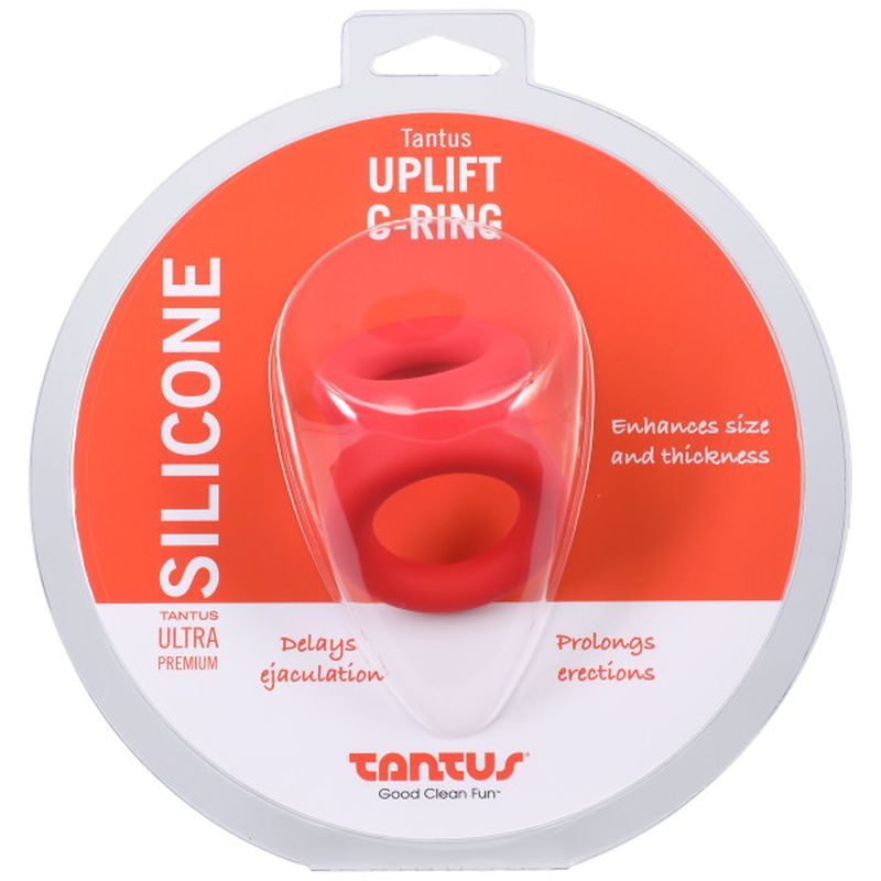 Uplift silicone cock ring in package, designed for enhanced size and thickness, promotes durability and easy cleaning.