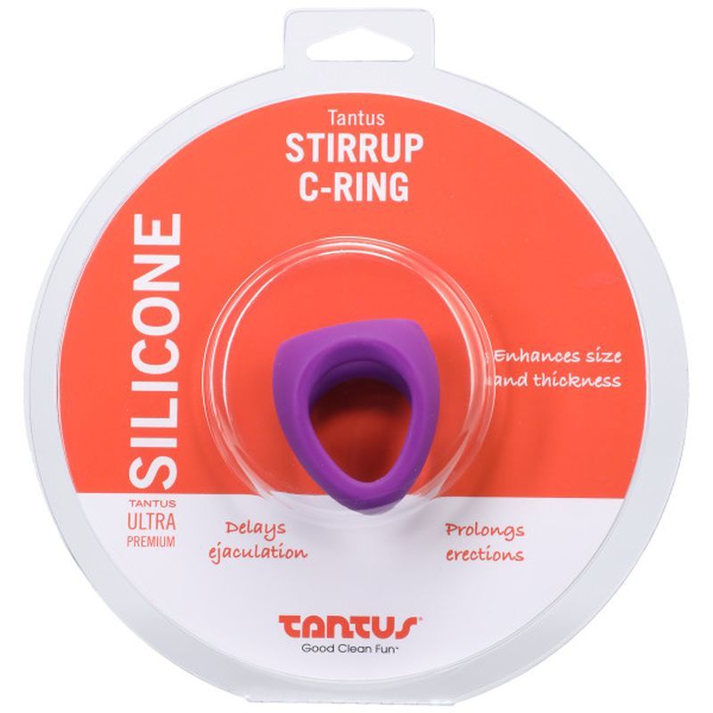 Packaging of the Stirrup Silicone Cock Ring in lilac color, highlighting features like enhanced size and thickness.
