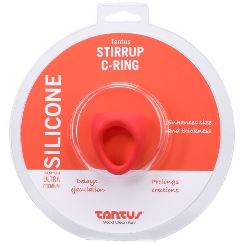 Stirrup Silicone Cock Ring Crimson package showcasing its features; silicone cock ring for enhanced erections.
