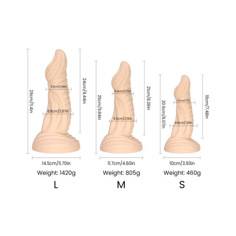 Sphinx Liquid Silicone Dildo Medium dimensions and details, showcasing sizes L, M, and S for intimate essentials.