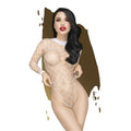 Seductive model showcasing scandalous white teddy lingerie made of coarse mesh and halter neck design.