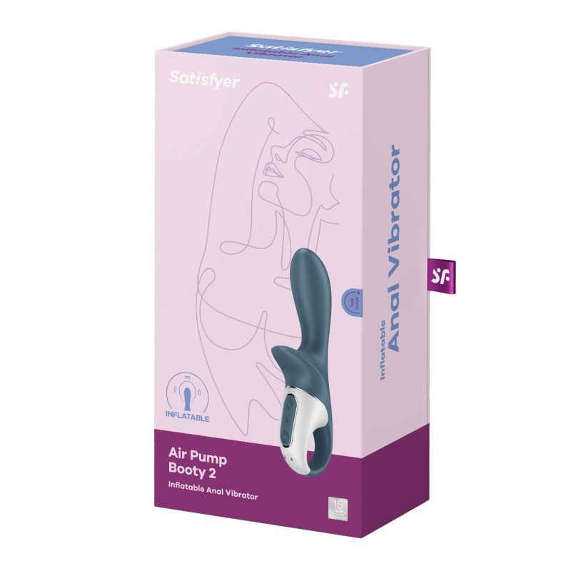 Satisfyer Air Pump Booty 2 packaging showcasing an inflatable anal vibrator in dark grey.