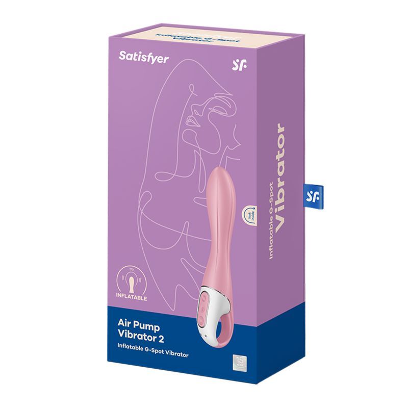 Satisfyer Air Pump Vibrator 2 packaging showing inflatable design and features for enhanced pleasure.