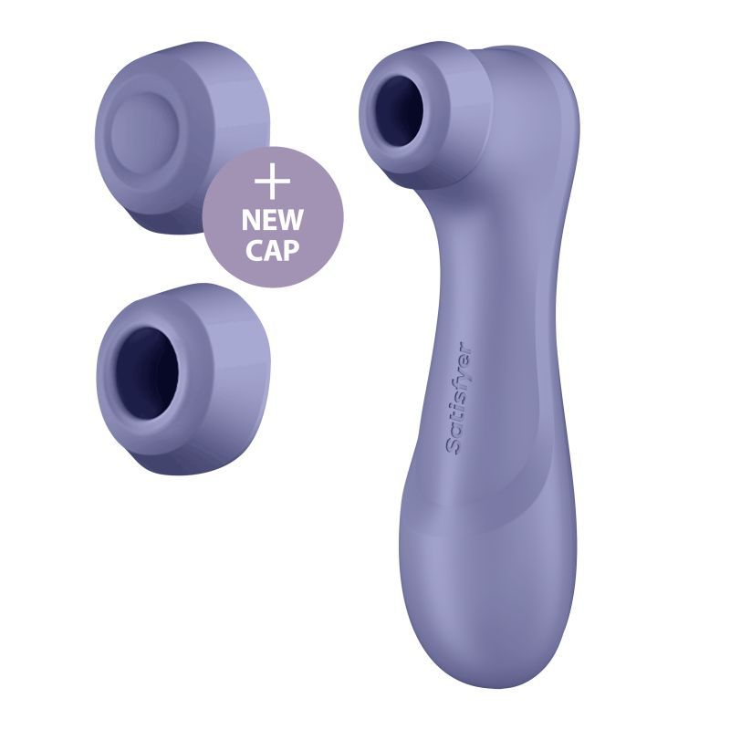 Satisfyer Pro 2 clitoral stimulator in lilac color with two new caps for enhanced pleasure.
