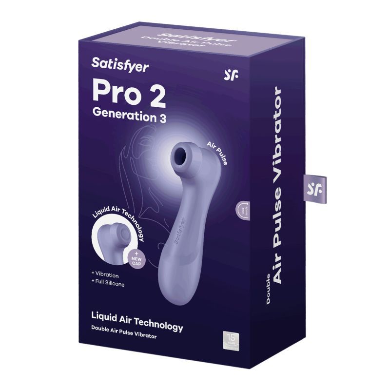 Satisfyer Pro 2 Gen 3 Clitoral Stimulator Lilac packaging showcasing Liquid Air Technology for enhanced pleasure.