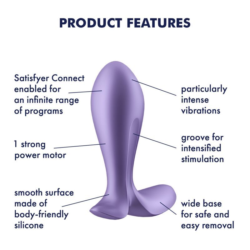 Product features of the Satisfyer Intensity Plug, a vibrating anal plug with strong vibrations and body-friendly silicone.
