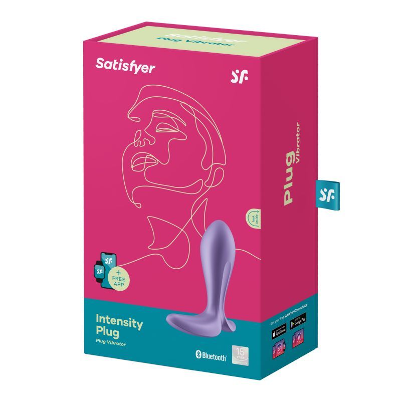 Satisfyer Intensity Plug packaging showcasing a purple vibrating anal plug for ultimate stimulation.