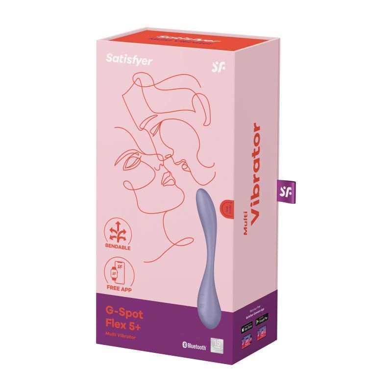 Satisfyer G-Spot Flex 5+ lilac packaging showcasing the G-Spot vibrator with app control features.