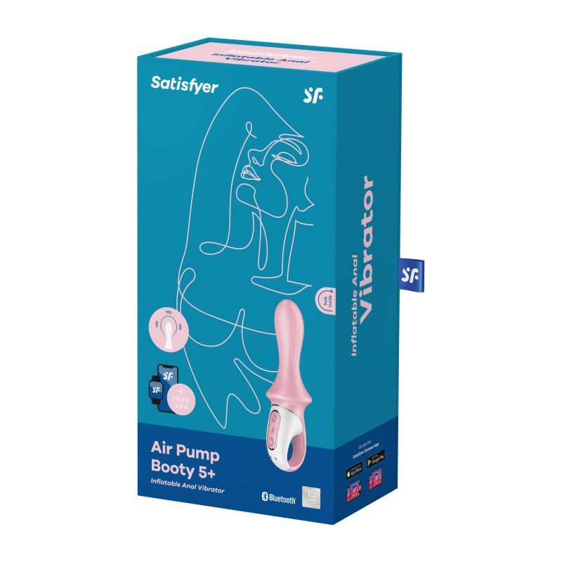 Satisfyer Air Pump Booty 5 vibrator packaging showcasing inflatable anal features and Bluetooth connectivity.