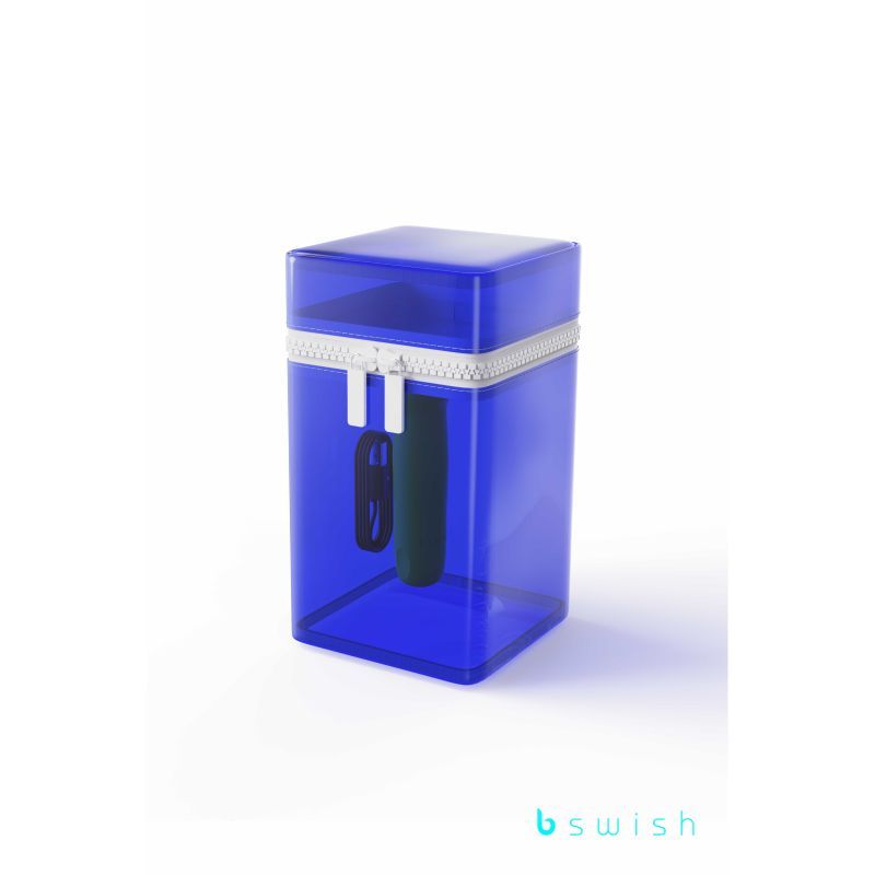 Curved vibrating pleasure toy in blue storage case with zipper, showcasing its sleek design for discreet enjoyment.