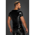 Man wearing a snake print wetlook t-shirt with fitted black pants, showcasing a stylish back view.