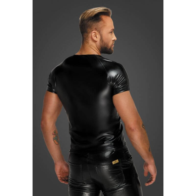 Wetlook T-Shirt with Snake Wetlook Sleeves worn by a man from the back in a sleek design, showcasing its shiny material.