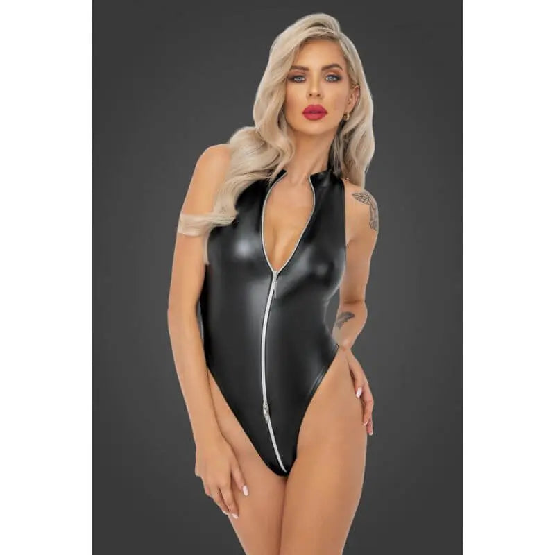 Powerwetlook Body with Front Zipper Noir Discreet Intimate Essentials.